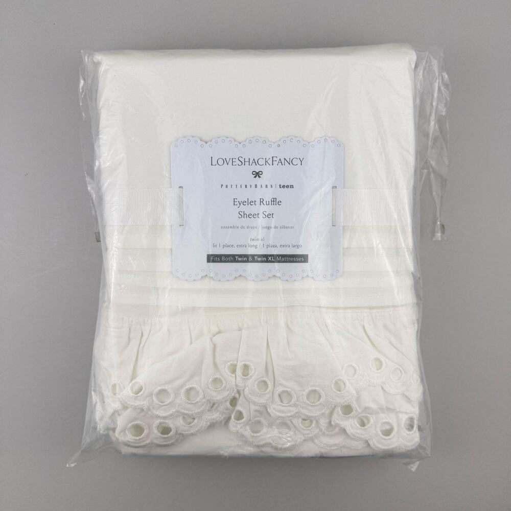 LoveShackFancy X Pottery Barn Teen Eyelet Ruffle Sheet Set TWIN XL White Cotton - Picture 7 of 8